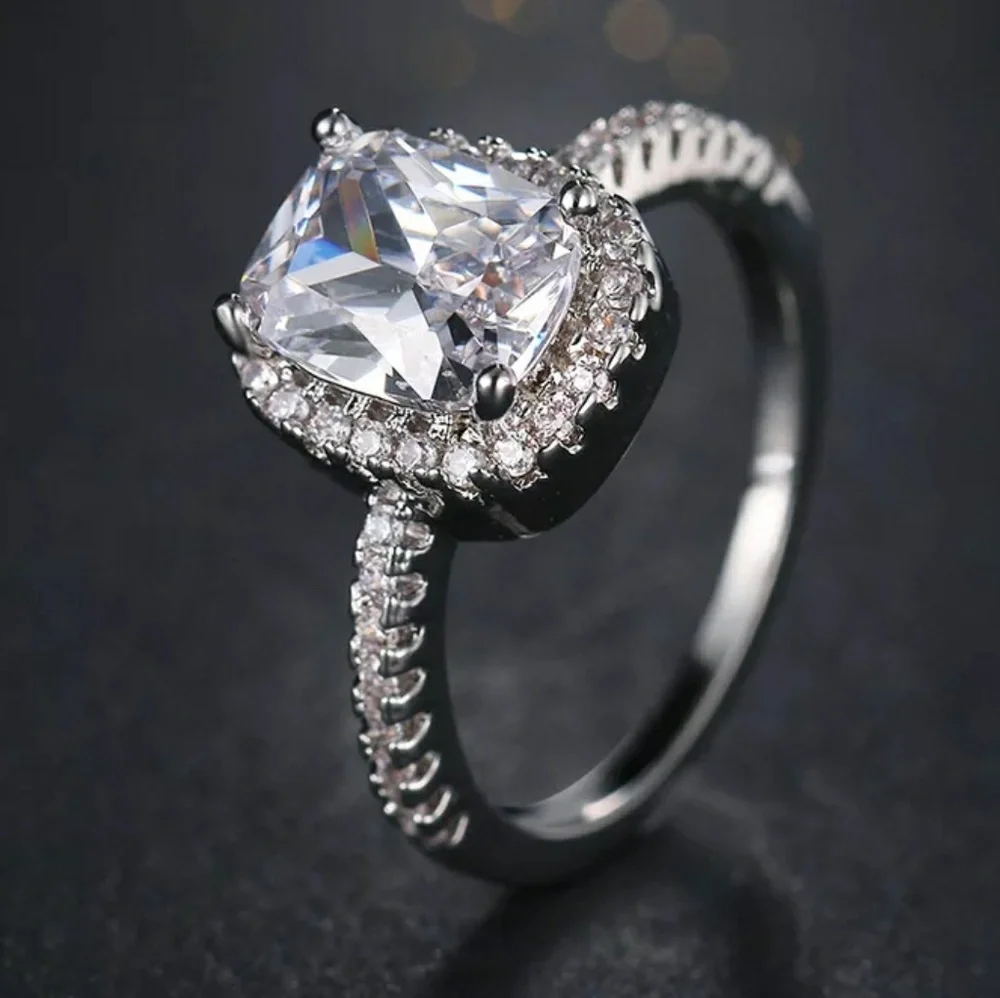 Silver CZ Princess Cut Stone Ring